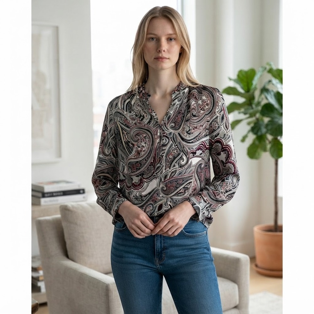 White House Black Market Blouse Women 8 Burgundy Paisley Luxury 100% Silk